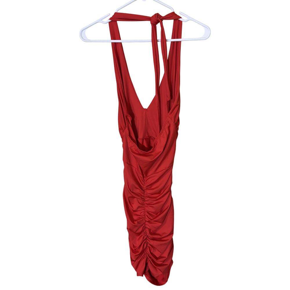 Red Halter Ruched Bodycon Club Dress XS (No Size Tag) -v - Picture 2 of 2